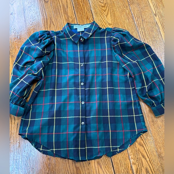 Gretchen Scott green Plaidly Cooper style blouse.  Large.  Juliette style. - Picture 1 of 13